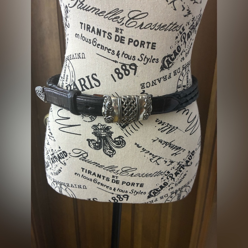 Vintage Brighton 3 braids Leather Belt with Ornate Silver-Tone Buckle - Black